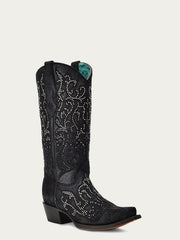 Corral C4100 Ladies Embroidery And Crystals Overlay Boot Black side / front. If you need any assistance with this item or the purchase of this item please call us at five six one seven four eight eight eight zero one Monday through Saturday 10:00a.m EST to 8:00 p.m EST