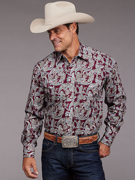 Stetson 11-001-0425-5026 Mens Long Sleeve Paisley Print Snap Shirt Wine front view. If you need any assistance with this item or the purchase of this item please call us at five six one seven four eight eight eight zero one Monday through Saturday 10:00a.m EST to 8:00 p.m EST