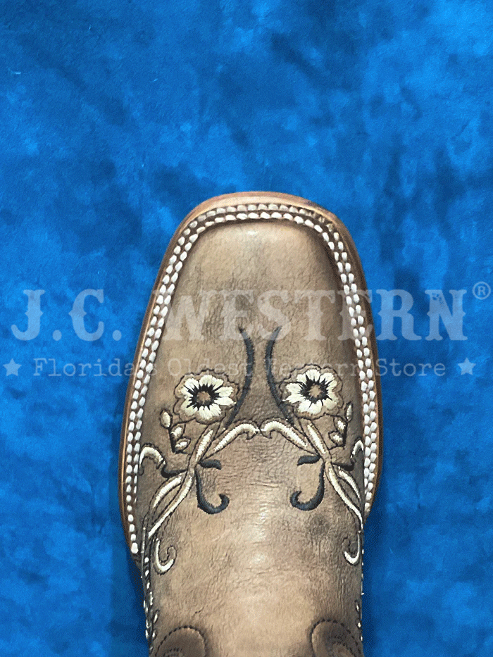 Circle G L2063 Ladies Floral Embroidery Square Toe Boot Brown Tan front and side view. If you need any assistance with this item or the purchase of this item please call us at five six one seven four eight eight eight zero one Monday through Saturday 10:00a.m EST to 8:00 p.m EST