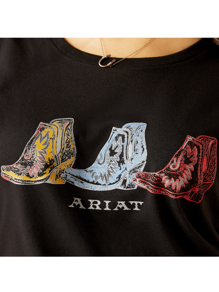Ariat 10047642 Womens Pop Boots T-Shirt Black front view. If you need any assistance with this item or the purchase of this item please call us at five six one seven four eight eight eight zero one Monday through Saturday 10:00a.m EST to 8:00 p.m EST
