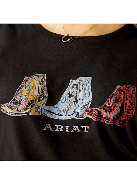 Ariat 10047642 Womens Pop Boots T-Shirt Black front design close up. If you need any assistance with this item or the purchase of this item please call us at five six one seven four eight eight eight zero one Monday through Saturday 10:00a.m EST to 8:00 p.m EST