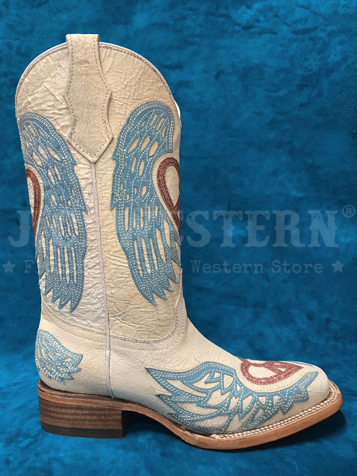 Corral T0147 Teen Glitter Heart And Wings Square Toe Boot White front and side view pair. If you need any assistance with this item or the purchase of this item please call us at five six one seven four eight eight eight zero one Monday through Saturday 10:00a.m EST to 8:00 p.m EST