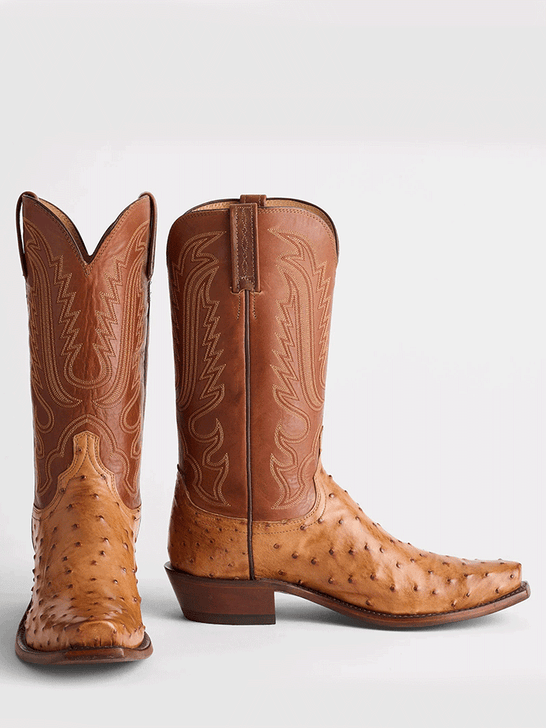Lucchese N1156.73 Mens LUKE Full Quill Ostrich Western Boots Barnwood Tan front and side view. If you need any assistance with this item or the purchase of this item please call us at five six one seven four eight eight eight zero one Monday through Saturday 10:00a.m EST to 8:00 p.m EST