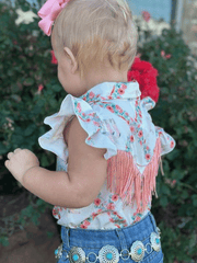 Shea Baby WRSB10 Kids Floral Boot Onesie Shirt With Fringe White back view infant model. If you need any assistance with this item or the purchase of this item please call us at five six one seven four eight eight eight zero one Monday through Saturday 10:00a.m EST to 8:00 p.m EST