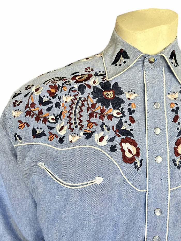 Rockmount 6709-BLU Mens Vintage Floral Embroidery Western Shirt Blue front view. If you need any assistance with this item or the purchase of this item please call us at five six one seven four eight eight eight zero one Monday through Saturday 10:00a.m EST to 8:00 p.m EST