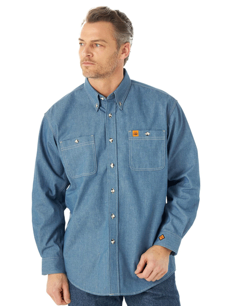 Wrangler FR3W01B Mens Flame Resistant Long Sleeve Work Shirt Blue Chambray front view. If you need any assistance with this item or the purchase of this item please call us at five six one seven four eight eight eight zero one Monday through Saturday 10:00a.m EST to 8:00 p.m EST