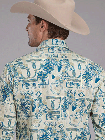 Roper 03-001-0064-0246 Mens Long Sleeve Tropical Resort Print Western Shirt Blue front view. If you need any assistance with this item or the purchase of this item please call us at five six one seven four eight eight eight zero one Monday through Saturday 10:00a.m EST to 8:00 p.m EST