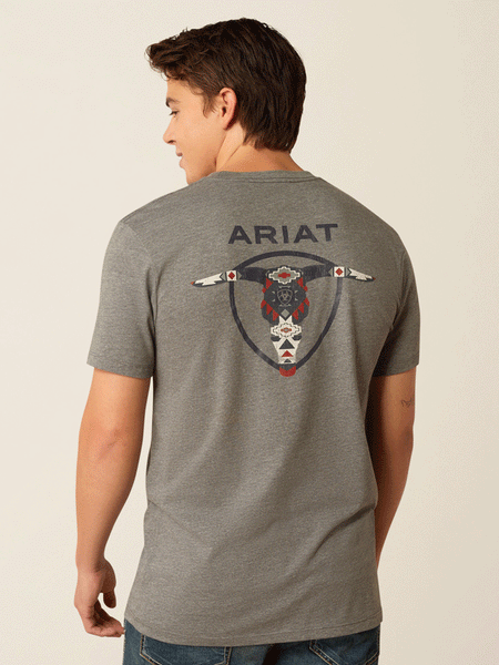 Ariat 10052037 Mens Southwestern Longhorn T-Shirt Graphite Heather back view. If you need any assistance with this item or the purchase of this item please call us at five six one seven four eight eight eight zero one Monday through Saturday 10:00a.m EST to 8:00 p.m EST