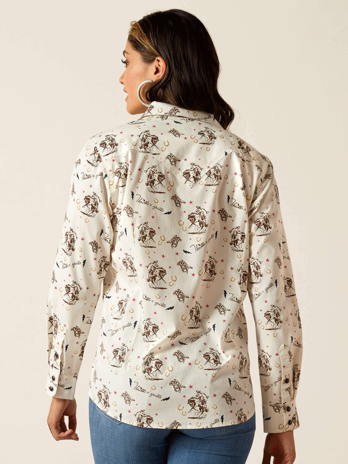 Ariat 10051277 Womens Thrills N Spills Shirt Thrilling Print Cream front view. If you need any assistance with this item or the purchase of this item please call us at five six one seven four eight eight eight zero one Monday through Saturday 10:00a.m EST to 8:00 p.m EST