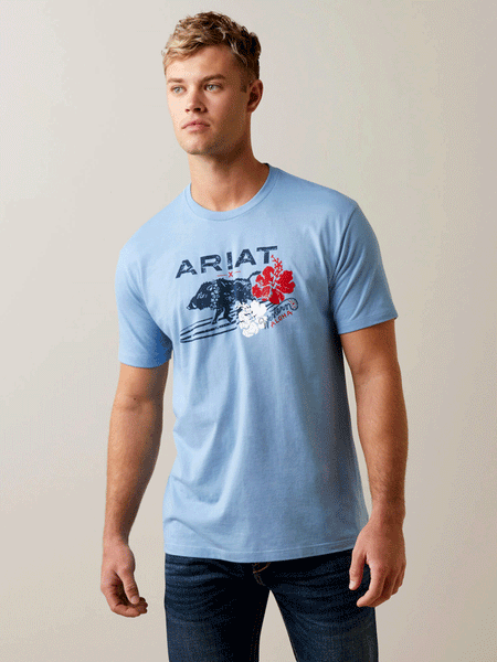 Ariat 10044013 Mens SurfBoarding Western Aloha T-Shirt Light Blue Heather front view. If you need any assistance with this item or the purchase of this item please call us at five six one seven four eight eight eight zero one Monday through Saturday 10:00a.m EST to 8:00 p.m EST