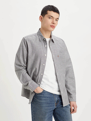 Levis 857480196 Mens Classic 1 Pocket Standard Shirt Raven Grey front view open on model. If you need any assistance with this item or the purchase of this item please call us at five six one seven four eight eight eight zero one Monday through Saturday 10:00a.m EST to 8:00 p.m EST