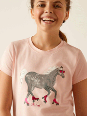 Ariat 10048554 Kids Roller Pony T-Shirt Blushing Rose close up of front graphic. If you need any assistance with this item or the purchase of this item please call us at five six one seven four eight eight eight zero one Monday through Saturday 10:00a.m EST to 8:00 p.m EST