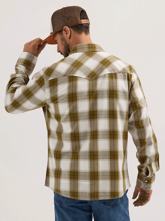 Wrangler 112365631 Mens Retro Premium Long Sleeve Plaid Shirt Olive back view. If you need any assistance with this item or the purchase of this item please call us at five six one seven four eight eight eight zero one Monday through Saturday 10:00a.m EST to 8:00 p.m EST
