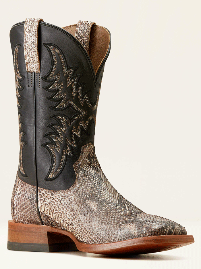 Ariat 10047081 Mens Dry Gulch Python Cowboy Boot Tan Ancient Black front and outter side view. If you need any assistance with this item or the purchase of this item please call us at five six one seven four eight eight eight zero one Monday through Saturday 10:00a.m EST to 8:00 p.m EST