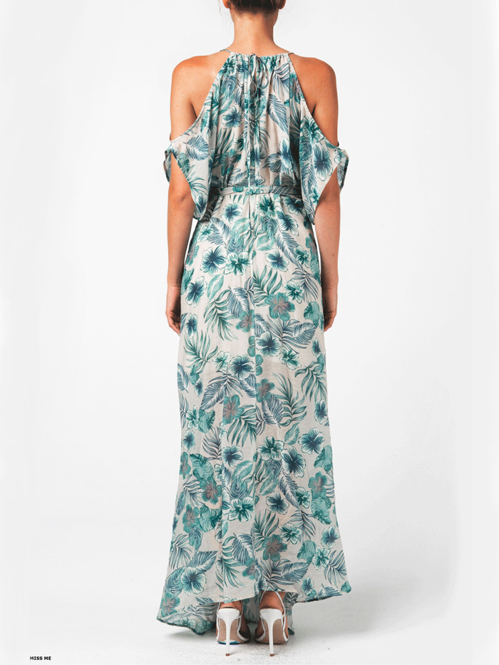 Miss Me MD1632S Womens Tropical Floral Print Cold Shoulder Wrap Maxi Dress Green front view. If you need any assistance with this item or the purchase of this item please call us at five six one seven four eight eight eight zero one Monday through Saturday 10:00a.m EST to 8:00 p.m EST