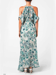 Miss Me MD1632S Womens Tropical Floral Print Cold Shoulder Wrap Maxi Dress Green back view. If you need any assistance with this item or the purchase of this item please call us at five six one seven four eight eight eight zero one Monday through Saturday 10:00a.m EST to 8:00 p.m EST