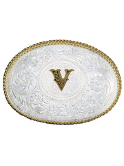 Montana Silversmiths 700 Initial Silver Engraved Gold Trim Western Belt Buckleletter V front view. If you need any assistance with this item or the purchase of this item please call us at five six one seven four eight eight eight zero one Monday through Saturday 10:00a.m EST to 8:00 p.m EST