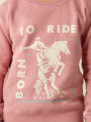 Ariat 10054594 Junior Rider Sweatshirt Rose Wine Heather front graphic close up. If you need any assistance with this item or the purchase of this item please call us at five six one seven four eight eight eight zero one Monday through Saturday 10:00a.m EST to 8:00 p.m EST