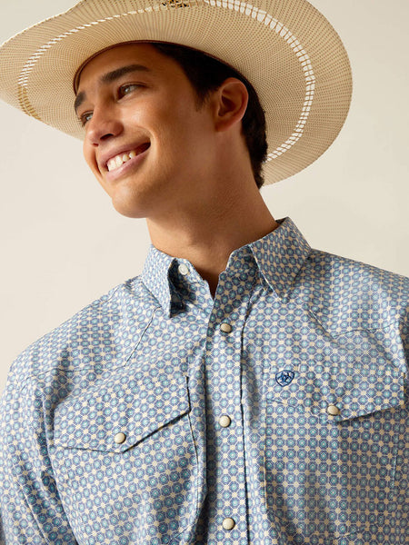 Ariat 10048501 Mens Parks Classic Fit Shirt Little Boy Blue front close up.  If you need any assistance with this item or the purchase of this item please call us at five six one seven four eight eight eight zero one Monday through Saturday 10:00a.m EST to 8:00 p.m EST