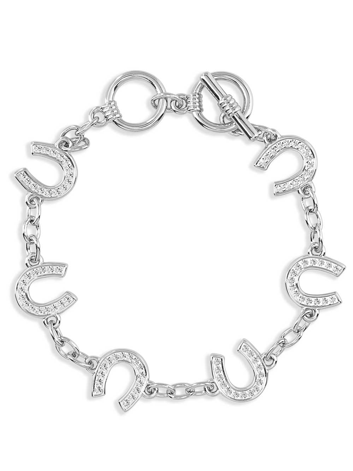 Montana Silversmiths BC620 Womens Crystal Clear Lucky Horseshoe Link Bracelet Silver front. If you need any assistance with this item or the purchase of this item please call us at five six one seven four eight eight eight zero one Monday through Saturday 10:00a.m EST to 8:00 p.m EST