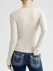 Miss Me MT3397L Womens Long Sleeve Ruffle Top Natural back view. If you need any assistance with this item or the purchase of this item please call us at five six one seven four eight eight eight zero one Monday through Saturday 10:00a.m EST to 8:00 p.m EST