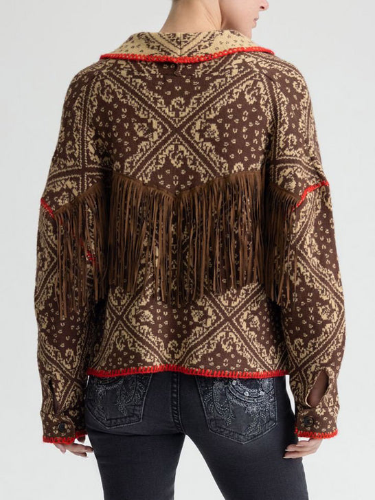 Miss Me MSW0605L Womens Paisley Print Sweater Brown back view. If you need any assistance with this item or the purchase of this item please call us at five six one seven four eight eight eight zero one Monday through Saturday 10:00a.m EST to 8:00 p.m EST