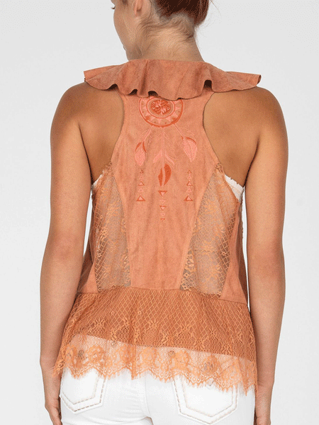Miss Me MJ0629T Womens Ruffled Vest Jacket Orange back view. If you need any assistance with this item or the purchase of this item please call us at five six one seven four eight eight eight zero one Monday through Saturday 10:00a.m EST to 8:00 p.m EST