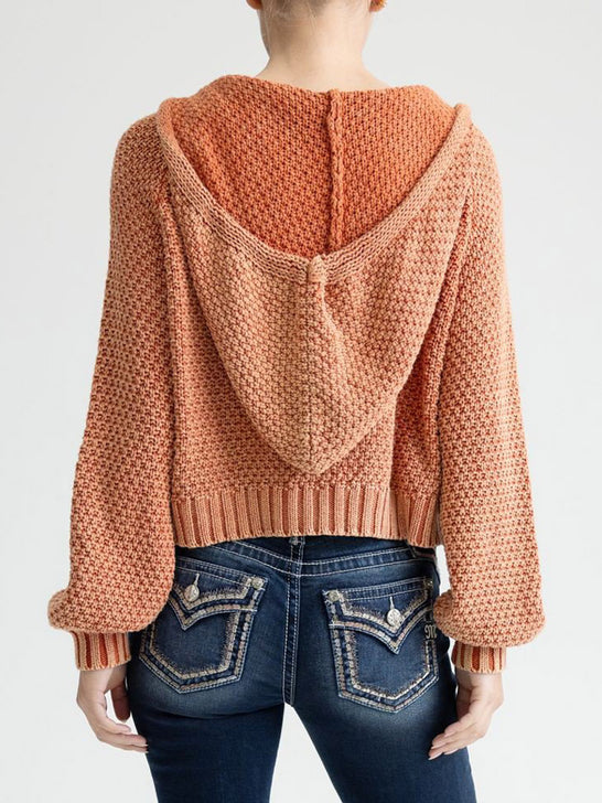 Miss Me MSW0614L Womens Cable Knit Hodded Button Up Sweater Orange back view. If you need any assistance with this item or the purchase of this item please call us at five six one seven four eight eight eight zero one Monday through Saturday 10:00a.m EST to 8:00 p.m EST