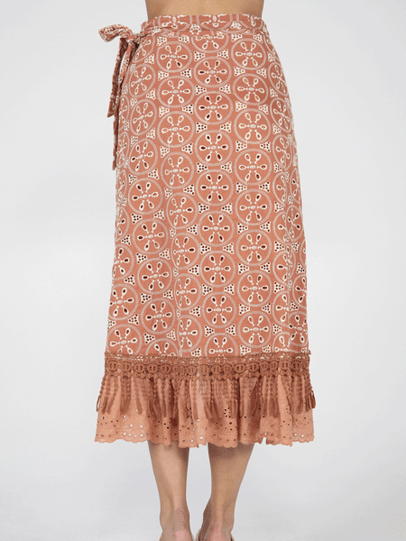 Miss Me MS0131L Womens Long Ruffled Layered Wrap Skirt Rust back view. If you need any assistance with this item or the purchase of this item please call us at five six one seven four eight eight eight zero one Monday through Saturday 10:00a.m EST to 8:00 p.m EST