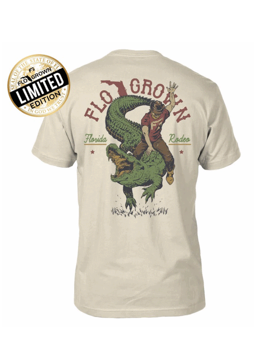 FloGrown FGM-1961 Mens Limited Edition Florida Rodeo Tee Beige back view. If you need any assistance with this item or the purchase of this item please call us at five six one seven four eight eight eight zero one Monday through Saturday 10:00a.m EST to 8:00 p.m EST

