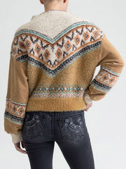 Miss Me MSW0606L Womens Patterned Sherpa Sweater Tan back view. If you need any assistance with this item or the purchase of this item please call us at five six one seven four eight eight eight zero one Monday through Saturday 10:00a.m EST to 8:00 p.m EST