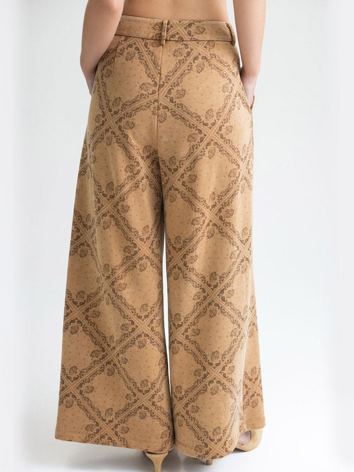 Miss Me MP0270L Womens Wide Leg Pleated Printed Pants Camel Tan front view. If you need any assistance with this item or the purchase of this item please call us at five six one seven four eight eight eight zero one Monday through Saturday 10:00a.m EST to 8:00 p.m EST
