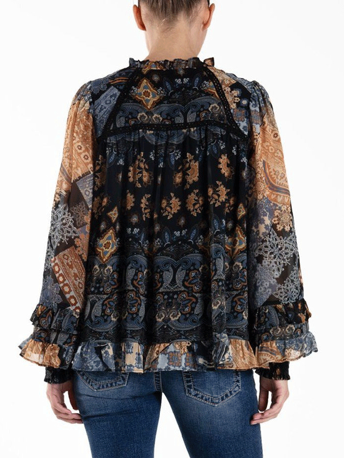 Miss Me MT3006L Womens Mixed Media Peasant Blouse With Tassel Navy front view. If you need any assistance with this item or the purchase of this item please call us at five six one seven four eight eight eight zero one Monday through Saturday 10:00a.m EST to 8:00 p.m EST