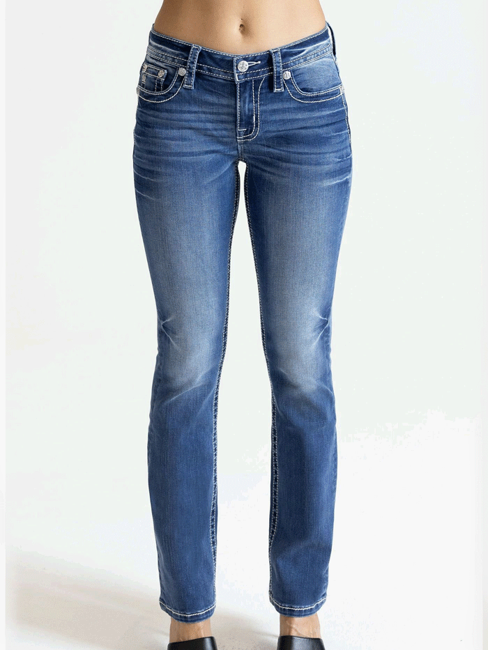 Miss Me M9352SBV Womens Cross Mid Rise Slim Boot Jean Medium Blue back close up view. If you need any assistance with this item or the purchase of this item please call us at five six one seven four eight eight eight zero one Monday through Saturday 10:00a.m EST to 8:00 p.m EST