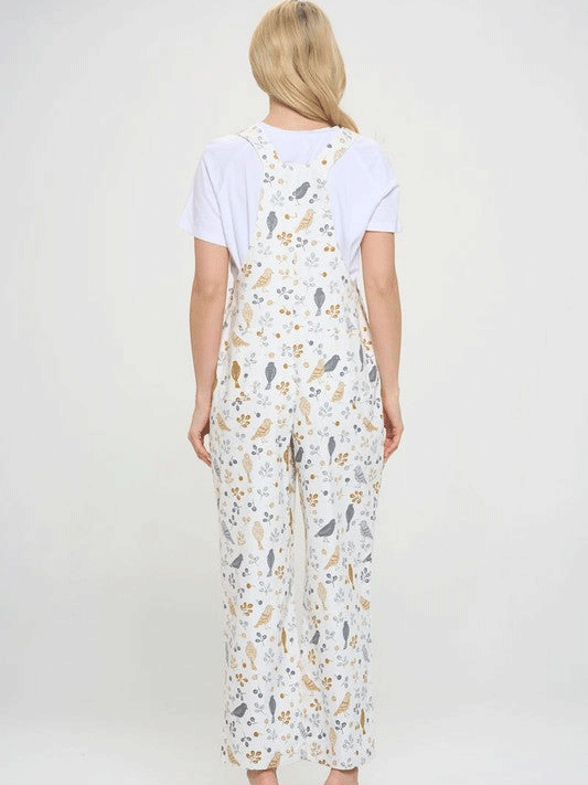 SM Wardrobe AW2382-WH Womens Bird Floral Print Overalls White front view. If you need any assistance with this item or the purchase of this item please call us at five six one seven four eight eight eight zero one Monday through Saturday 10:00a.m EST to 8:00 p.m EST