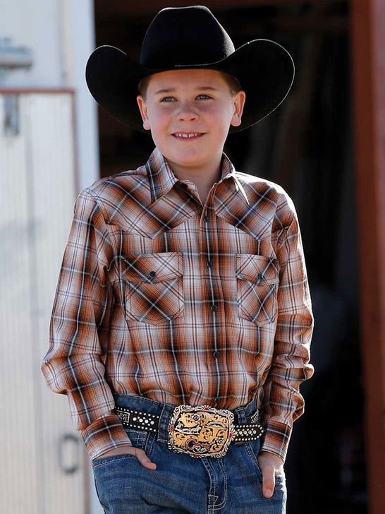 Cinch MTW7020088 Kids Long Sleeve Western Snap Shirt Brown front view. If you need any assistance with this item or the purchase of this item please call us at five six one seven four eight eight eight zero one Monday through Saturday 10:00a.m EST to 8:00 p.m EST