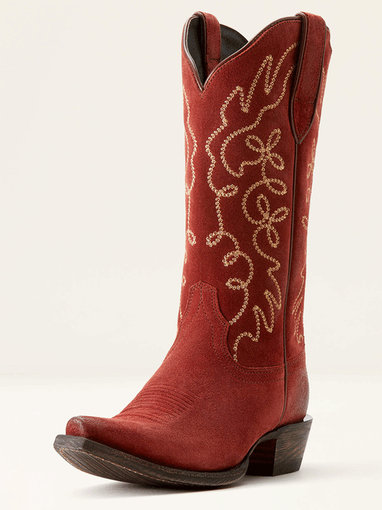 Ariat 10053791 Womens Jukebox Western Boot Cayenne Suede Red front and side view. If you need any assistance with this item or the purchase of this item please call us at five six one seven four eight eight eight zero one Monday through Saturday 10:00a.m EST to 8:00 p.m EST

