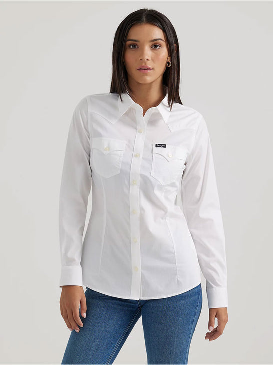 Wrangler 112358013 Womens Western Button Down Shirt White front view. 