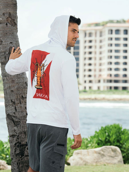 Shaka Kai BUG OUT Mens Hooded Long Sleeve Performance Shirt White back and hood view. If you need any assistance with this item or the purchase of this item please call us at five six one seven four eight eight eight zero one Monday through Saturday 10:00a.m EST to 8:00 p.m EST