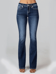 Miss Me M9195B Womens Mid-Rise Boot Jean Dark Blue front view. If you need any assistance with this item or the purchase of this item please call us at five six one seven four eight eight eight zero one Monday through Saturday 10:00a.m EST to 8:00 p.m EST