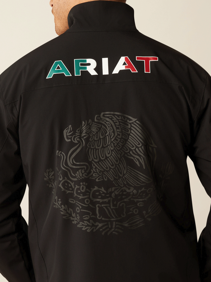 Ariat 10054234 Mens Pioneer StretchShell Mexico Jacket Black front. If you need any assistance with this item or the purchase of this item please call us at five six one seven four eight eight eight zero one Monday through Saturday 10:00a.m EST to 8:00 p.m EST

