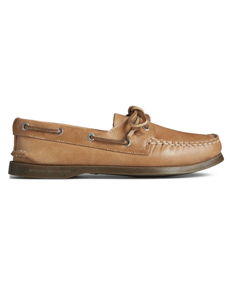 Sperry 9155240 Womens Authentic Original Boat Leather Shoe Sahara Tan outter side view. If you need any assistance with this item or the purchase of this item please call us at five six one seven four eight eight eight zero one Monday through Saturday 10:00a.m EST to 8:00 p.m EST