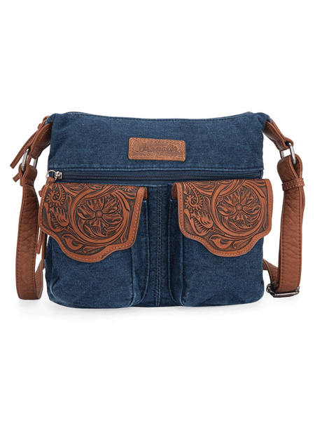 Wrangler WG103-2009NY Womens Floral Tooled Jean Crossbody Bag Navy front. If you need any assistance with this item or the purchase of this item please call us at five six one seven four eight eight eight zero one Monday through Saturday 10:00a.m EST to 8:00 p.m EST

