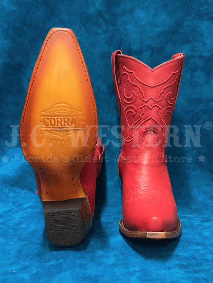 Corral Z5112 Ladies Embroidery Ankle Western Boot Red front and side view. If you need any assistance with this item or the purchase of this item please call us at five six one seven four eight eight eight zero one Monday through Saturday 10:00a.m EST to 8:00 p.m EST