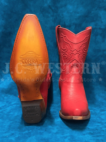 Corral Z5112 Ladies Embroidery Ankle Western Boot Red front and sole view. If you need any assistance with this item or the purchase of this item please call us at five six one seven four eight eight eight zero one Monday through Saturday 10:00a.m EST to 8:00 p.m EST