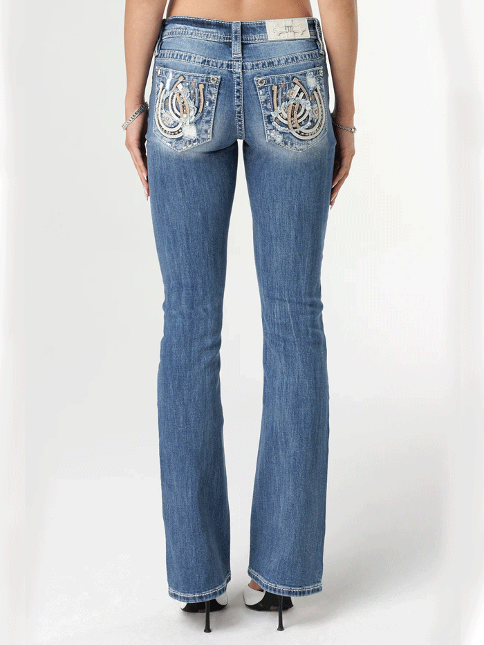 Miss Me M9303B Womens Horseshoe Bootcut Jean Neutral Blues back pocket close up view. If you need any assistance with this item or the purchase of this item please call us at five six one seven four eight eight eight zero one Monday through Saturday 10:00a.m EST to 8:00 p.m EST