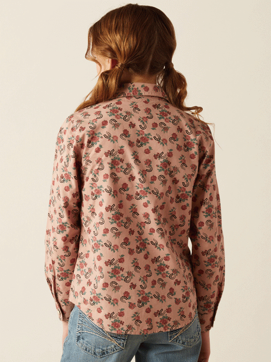 Ariat 10053889 Kids Flowers n Horseshoes Print Shirt back. If you need any assistance with this item or the purchase of this item please call us at five six one seven four eight eight eight zero one Monday through Saturday 10:00a.m EST to 8:00 p.m EST

