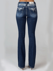 Miss Me M9195B Womens Mid-Rise Boot Jean Dark Blue full back view. If you need any assistance with this item or the purchase of this item please call us at five six one seven four eight eight eight zero one Monday through Saturday 10:00a.m EST to 8:00 p.m EST