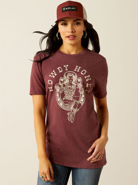 Ariat 10054032 Womens Rodeo Sweetie T-Shirt Marron Heather Burgundy front view. If you need any assistance with this item or the purchase of this item please call us at five six one seven four eight eight eight zero one Monday through Saturday 10:00a.m EST to 8:00 p.m EST