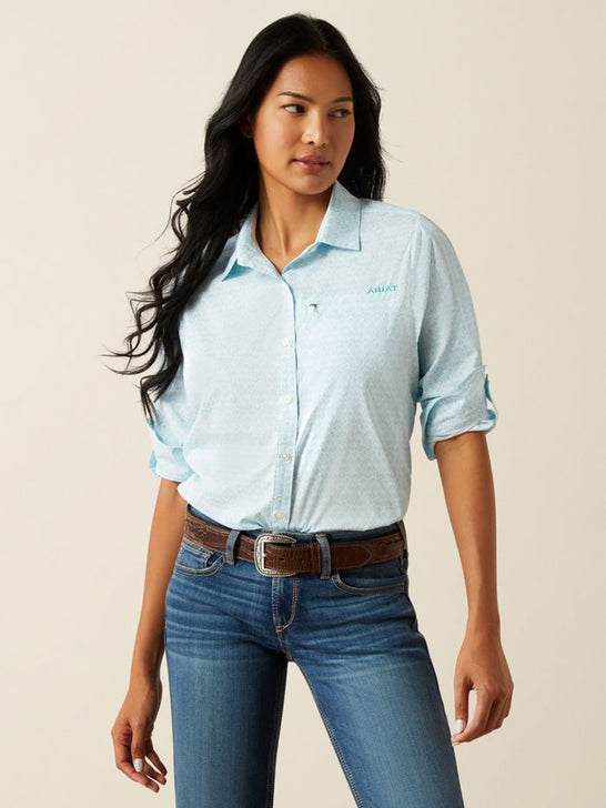 Ariat 10055207 Womens VentTEK Stretch Shirt Deco Watercolor Light Blue front view. If you need any assistance with this item or the purchase of this item please call us at five six one seven four eight eight eight zero one Monday through Saturday 10:00a.m EST to 8:00 p.m EST